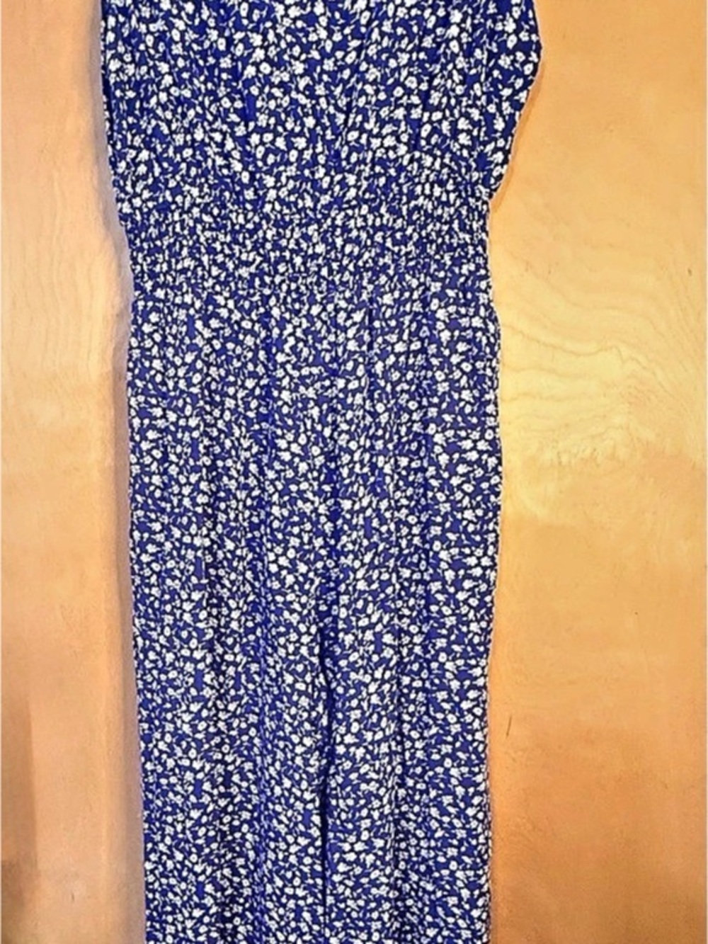 Gap Smocked Wide-Leg V-Neck Jumpsuit Floral Maxi Dress Blue & White Medium